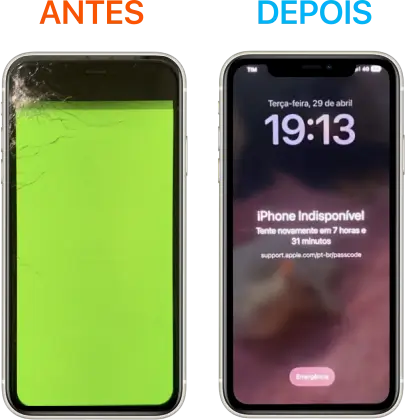 iPhone 11 Pro Max com a tela esverdeada e mancha preta na parte superior. Reparada e totalmente funcional com atendimento gratuito em belo horizonte, no bairro Nova Suíssa.
