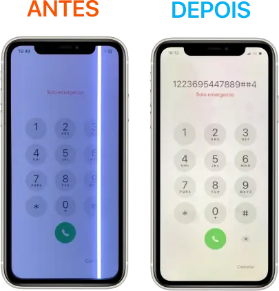 Tela do iPhone 11 com linha branca na vertical, brilho muito forte incomodando o dono do aparelho. Solução de troca da tela na casa do cliente em pouco tempo no Centro de BH.