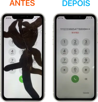 Conserto da tela do iPhone 11 Pro Max, com manchas pretas por todo lado no aparelho, tela trocada com o técnico indo até o endereço do cliente e película privacidade de brinde. Troca em 10 minutos no bairro Santa Cruz.