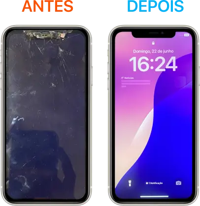 Reparo da tela do iPhone XS quebrada e sem imagem, apenas luz de fundo acesa. Trocada com o técnico experiente indo até o endereço do cliente no bairro Vera Cruz.