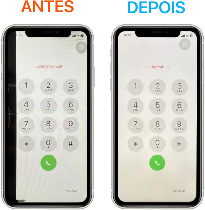 iPhone 11 com tela danificada, faixa preta na vertical de uma ponta a outra, Resolve com a troca da tela completa, com atendimento a domicílio e película de vidro de brinde no bairro Lourdes.