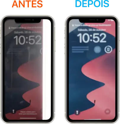 Conserto do iphone 11 pro em casa, tela com faixa branca com brilho intenso, impedindo e incomodando na utilização do aparelho. Solução realizada em 20min no bairro Goiania.