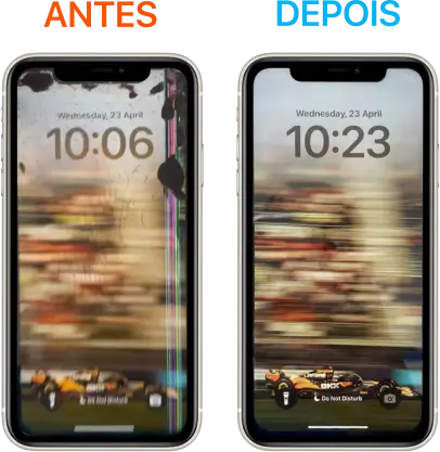 Reparo da tela do iPhone 11 com pequenas manchas pretas, vidro trincado e linhas coloridas na vertical, na cor rosa e verde. Assistência técnica a domicílio, iniciou o serviço as 10:06h e a tela renova as 10:23, apenas 17 minutos para trocar a tela no bairro Padre Eustáquio.