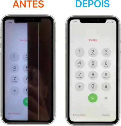 IPhone X com tela substituída em belo horizonte. Tela metade desligada ou preta sem imagem, apenas uma linha branca. Troca de tela do iphone 11 realizada na pampulha.