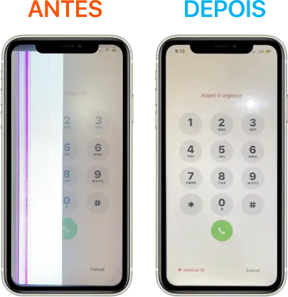 iPhone 11 Pro com metade da tela branca e algumas linhas rosas no outro canto. Resultado incrível lado a lado realizado pela Tech Tell BH no bairro Tupi.