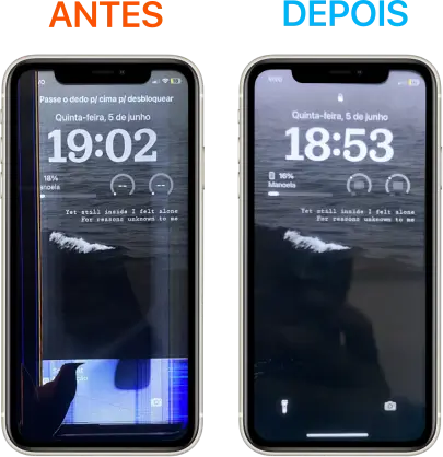 Substituição da tela do iPhone 11 com barra preta na lateral esquerda e linhas coloridas. Também com uma faixa na horizontal azul que foi resolvida no endereço agendado e sem taxa de deslocamento no bairro Santo Antônio.
