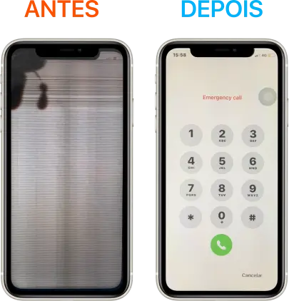 Tela do iPhone 11 com falhas visíveis, incluindo listras horizontais e distorções de imagem. A tela apresenta uma coloração irregular, com áreas escuras e uma aparência embaçada, dificultando a visualização de conteúdos. Tela totalmente funcional após reparo a domicílio no bairro Jardim Vitória.