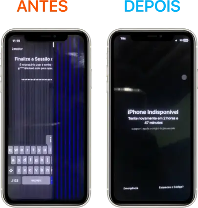 Tela do iPhone X comprometida, aparecem linhas brancas na vertical, além de parte da tela apagada com linhas azuis. Troca completa executada no trabalho do cliente no bairro Gutierrez.