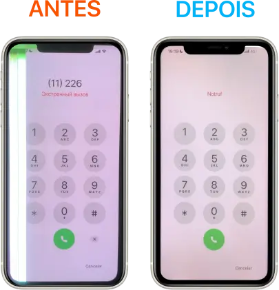 Tela do iPhone XS Max com a tela estragada, barra branca no canto esquerdo e esverdeado próximo da região impactada. Trocada a domicílio com todo conforto no bairro Boa Vista.
