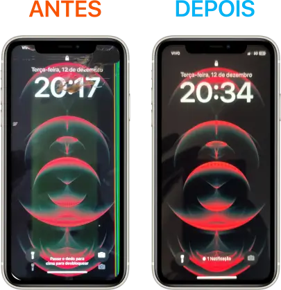 Substituição da tela do iPhone 11 Pro em casa, Tela com linhas verdes na vertical, perdendo a cor e com faixa escura no canto esquerdo. Reparo profissional a domicílio em 17 minutos no bairro Santa Mônica