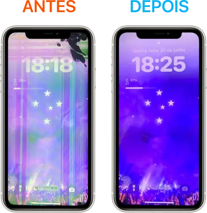 Antes e depois da troca da tela do iPhone 11 Pro, tela perdendo a cor, com várias faixas na vertical, mancha preta próxima do local do impacto. Tela restaurada 100% em 7 minutos no bairro Céu Azul. Um recorde da TECH TELL BH!