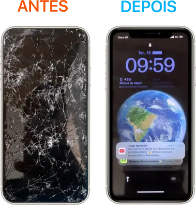 Substituição da tela do iPhone 11 Pro Max totalmente quebrada, vidro estilhaçado e soltando pedaços, risco de machucar o dedo com farpas. Conserto da tela rápida a domicílio em 20 minutos no bairro Sagrada Família.
