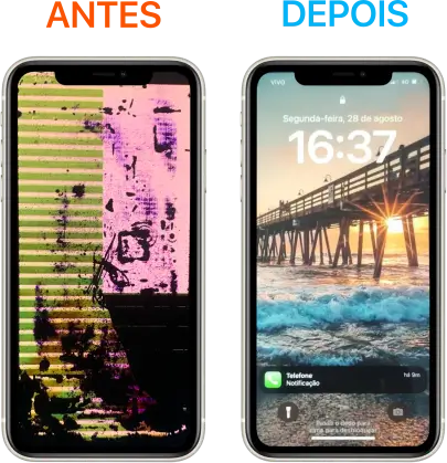 Troca de tela do iPhone 11 apresentando danos visíveis, com linhas horizontais, metade da tela verde, com manchas e pretas e a outra metade branca com manchas pretas e manchas rochas em várias áreas, resultando em uma imagem distorcida. Manutenção sem precisar sair de casa no bairro Buritis de BH.