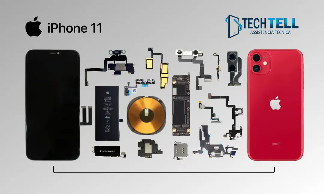 Iphone 11 desmontado com todas as peças internas. Flex de carga, flex Power, flex wifi, flex bluetooth, flex nfc, flex gps, flex volume, câmera frontal, câmera traseira, bateria, vibracall, tela, Flex auricular, face=id, placa, gaveta do chip, campainha e alto falante, tampa traseira.