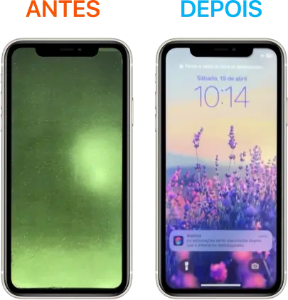 iPhone XS Max molhou e danificou o display, tela esverdeada e com manchas brancas. Resolvida com a troca de tela no conforto de casa no bairro Santa Amélia.