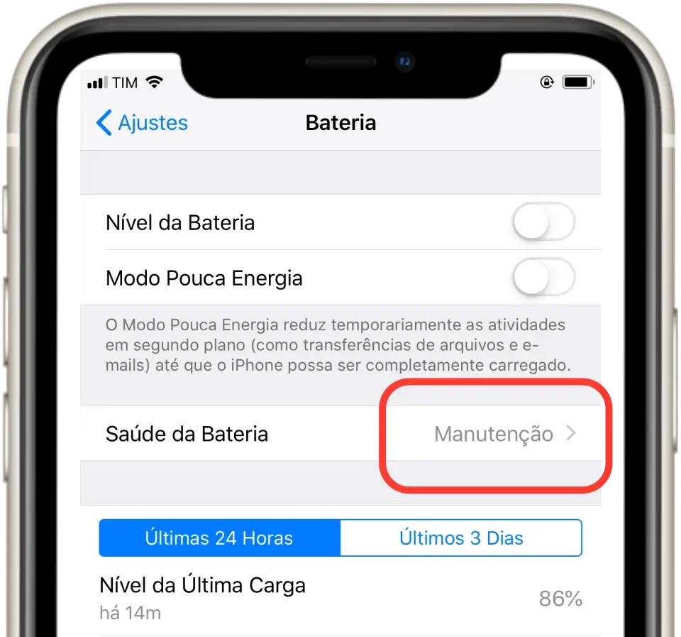Quando a saúde da bateria do iPhone 11 chega na sua pior condição aparece a mensagem "Manutenção". O ideal é trocar a bateria antes que o aparelho comece a ter outros problemas gerados pela bateria ruim. Trocamos a bateria em 20min aqui em BH no bairro caiçara.